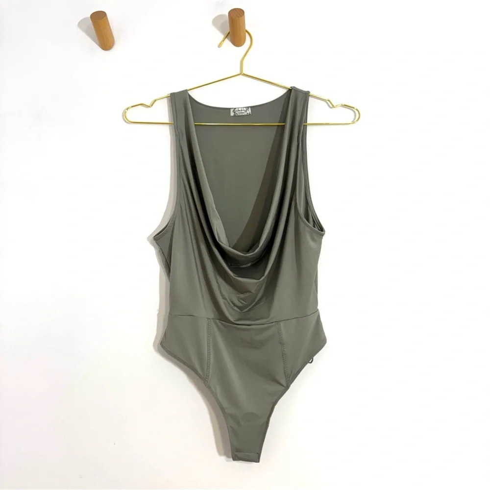 Free People When & Where Laurel Oak Bodysuit Olive Green Drapey Sleek Sleeveless - Picture 5 of 13